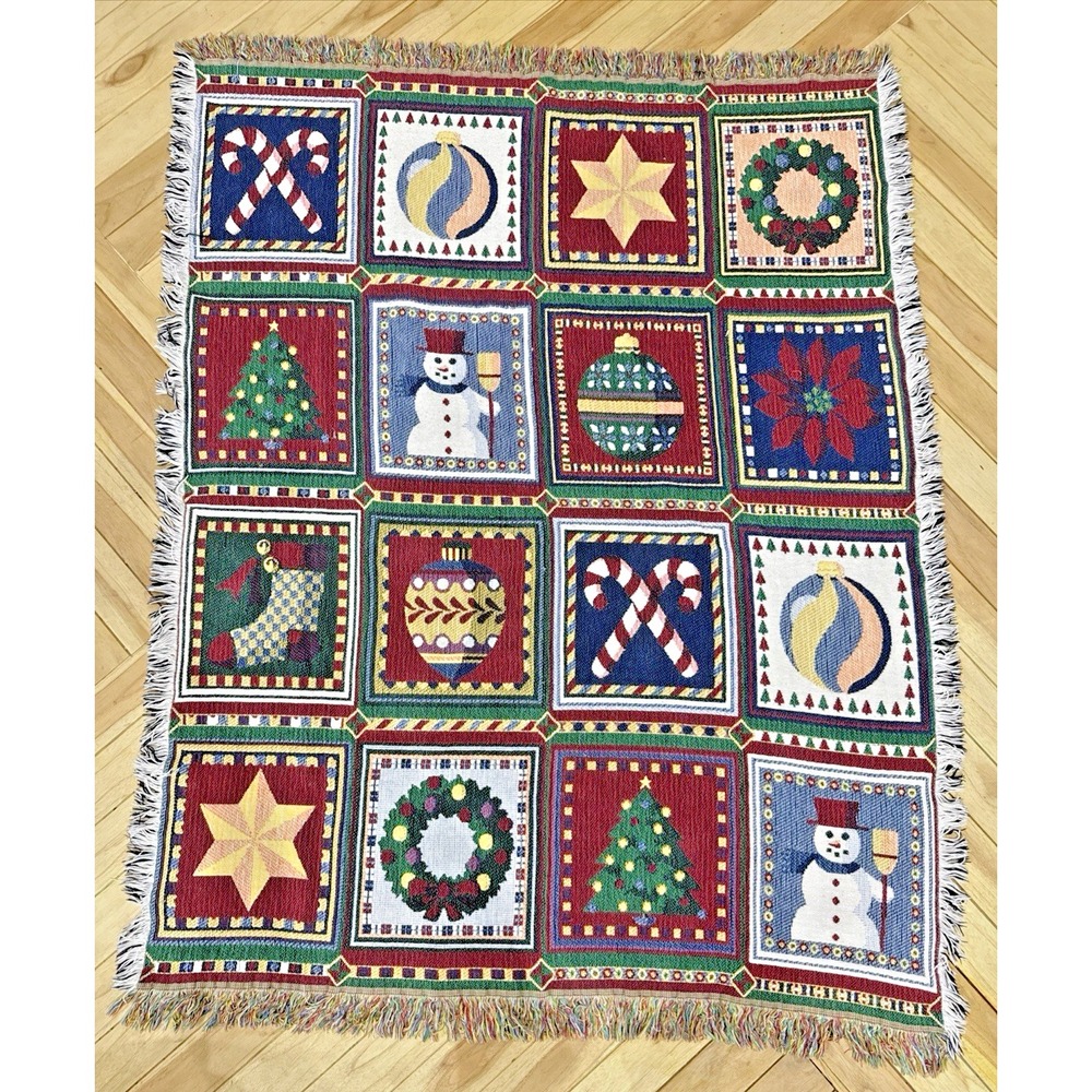 Vintage Christmas Tapestry Throw Blanket 48x60 Holiday Patchwork Fringe EUC